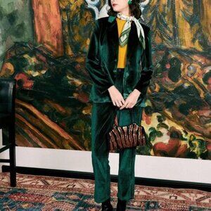 The Casual One Button Green Velvet Blazer and Pant Suit